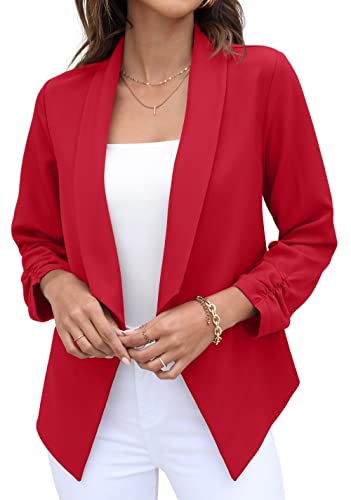 GRECERELLE Womens Blazer Suit Open Front Cardigan 3/4 Ruched Sleeve Casual Work Office Cropped Blazer Jacket for Ladies