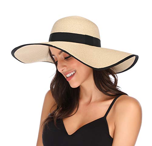 Lanzom Womens 5.5 Inches Wide Brim Straw Hat Floppy Foldable Roll up Cap Beach Sun Hat