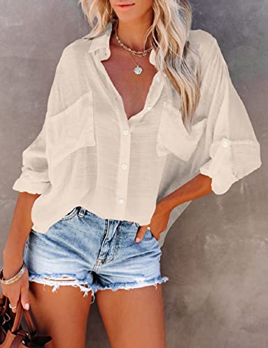 Bsubseach Women Casual Navy Turn Down Collar Bikini Bathing Suit Cover Ups Long Sleeve Beach Cover Up with Pockets
