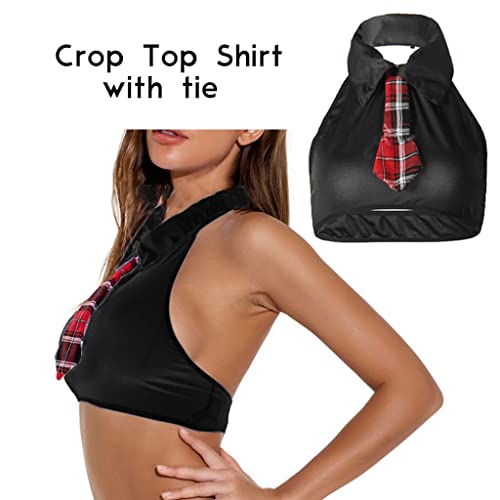 ROSVAJFY Women Sexy Cosplay Lingerie Outfit Set 2 Pcs Costume Preppy Style Shirt Skirt Tie Naughty Wear Button Design Side Split Mini Plaid Fancy Dress Uniform for Party Club Halloween White-Green