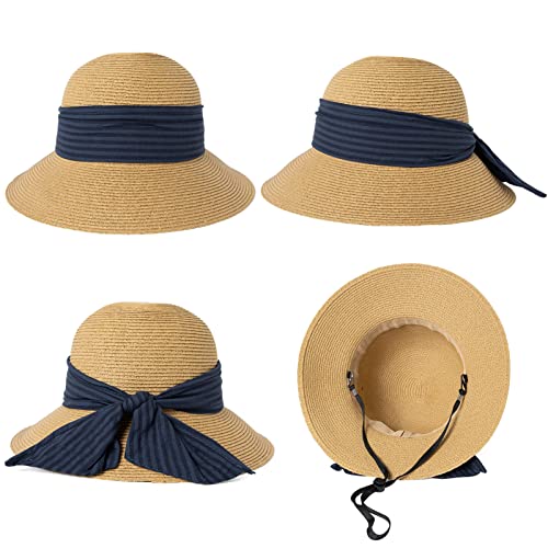 Comhats Sun Hats for Women Foldable UV Protection Large Wide Brimmed Floppy Panama Style Straw Beach Hat Fashionable Fedora Adjustable Beige
