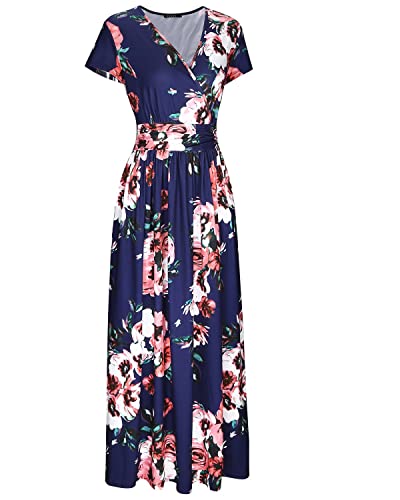OUGES Women's Summer Casual V Neck Short Sleeve Floral Pattern Wrap Ladies Maxi Long Dress with Pockets
