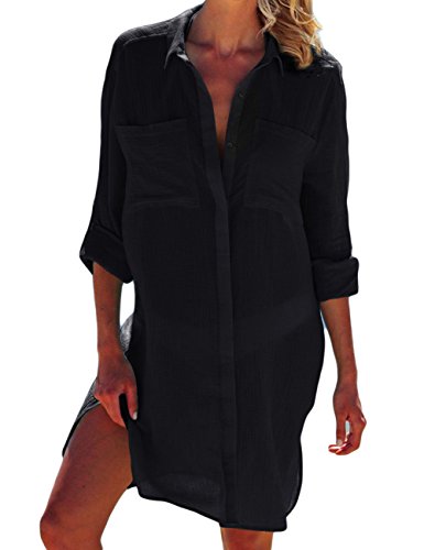 Bsubseach Women Casual Navy Turn Down Collar Bikini Bathing Suit Cover Ups Long Sleeve Beach Cover Up with Pockets