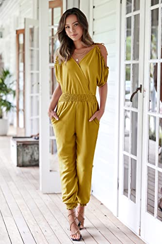 ECOWISH Women's V Neck Spaghetti Strap Drawstring Waisted Long Pants Jumpsuit Rompers