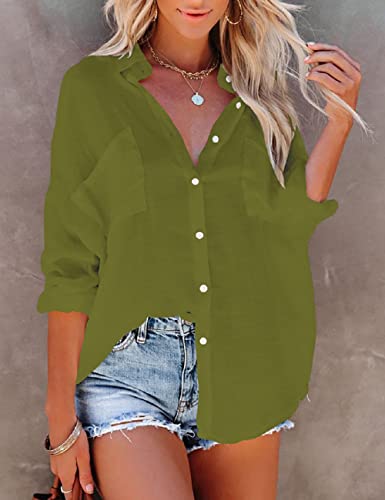 Bsubseach Women Casual Navy Turn Down Collar Bikini Bathing Suit Cover Ups Long Sleeve Beach Cover Up with Pockets