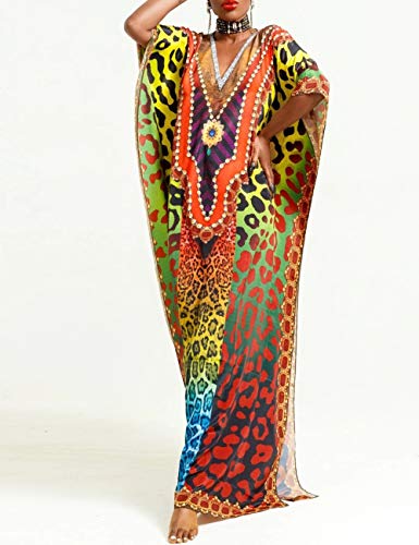 Bsubseach Green Snake Print Loose Kaftan Dress Plus Size Beach Cover Up Half Sleeve Caftan Maxi Dress for Women