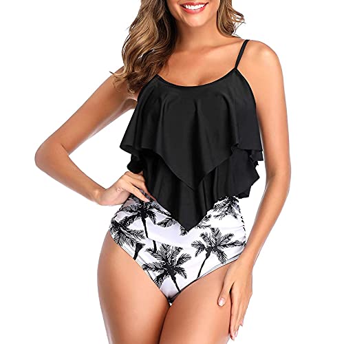 Genfien Swimsuit for Women Two Piece Bathing Suits Ruffled Flounce Top with High Waisted Bottom Bikini Set
