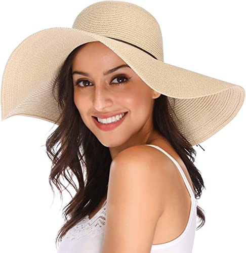 Lanzom Womens 5.5 Inches Wide Brim Straw Hat Floppy Foldable Roll up Cap Beach Sun Hat