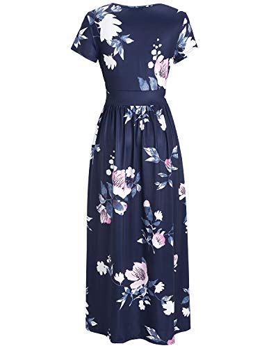 OUGES Women's Summer Casual V Neck Short Sleeve Floral Pattern Wrap Ladies Maxi Long Dress with Pockets