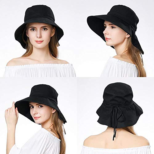 Comhats Ladies Sun Hat Foldable UPF 50 Wide Brim with Neck Protection Summer Spring UV Cotton Safari Gardening Walking Hat with Chin Strap Beige Small