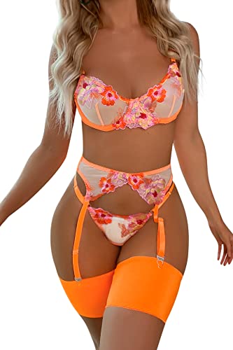 Aranmei Sexy Lingerie Set for Women Naughty 4 Piece Lingerie Set with Floral Embroidered Lace Sheer Underwire Bra with G-String Thigh Bands with Garter Belt Lingerie