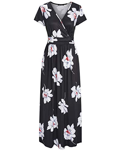 OUGES Women's Summer Casual V Neck Short Sleeve Floral Pattern Wrap Ladies Maxi Long Dress with Pockets