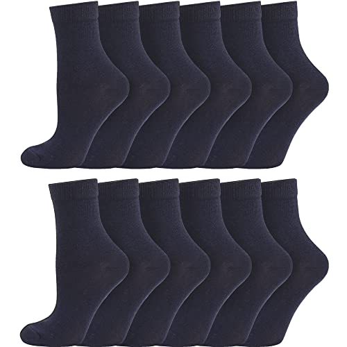 Boys Girls Childrens Kids Back to School 12 Pairs Cotton Rich Plain Ankle School Socks Sizes 0-2½, 3-5½, 6-8½, 9-12, 12½-3½, 4-5½ (7-10y - 12½-3½ Jnr, Navy)