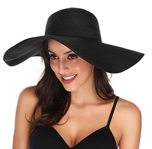 Lanzom Womens 5.5 Inches Wide Brim Straw Hat Floppy Foldable Roll up Cap Beach Sun Hat