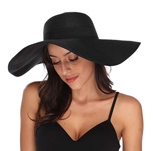 Lanzom Womens 5.5 Inches Wide Brim Straw Hat Floppy Foldable Roll up Cap Beach Sun Hat