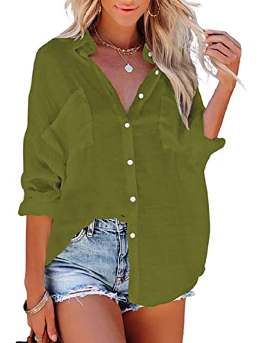 Bsubseach Women Casual Navy Turn Down Collar Bikini Bathing Suit Cover Ups Long Sleeve Beach Cover Up with Pockets