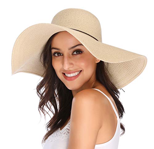 Lanzom Womens 5.5 Inches Wide Brim Straw Hat Floppy Foldable Roll up Cap Beach Sun Hat