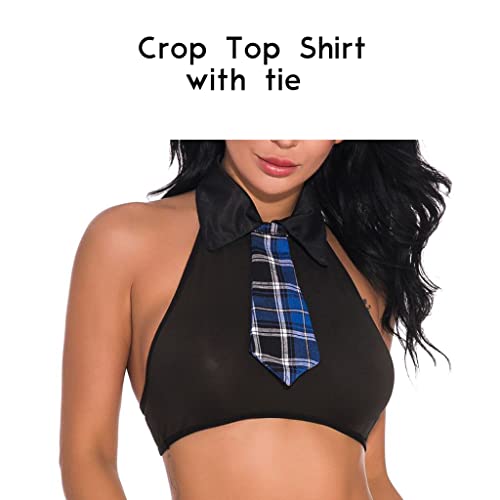 ROSVAJFY Women Sexy Cosplay Lingerie Outfit Set 2 Pcs Costume Preppy Style Shirt Skirt Tie Naughty Wear Button Design Side Split Mini Plaid Fancy Dress Uniform for Party Club Halloween White-Green