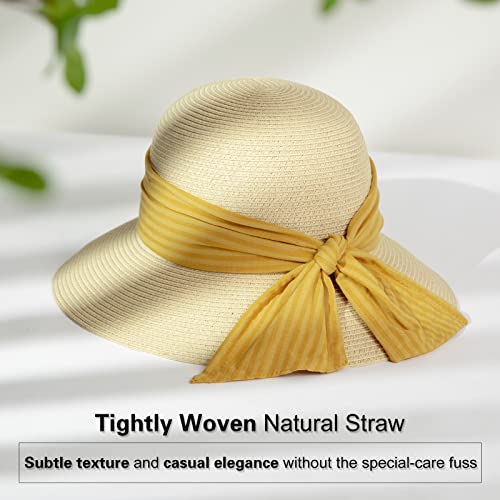 Comhats Sun Hats for Women Foldable UV Protection Large Wide Brimmed Floppy Panama Style Straw Beach Hat Fashionable Fedora Adjustable Beige