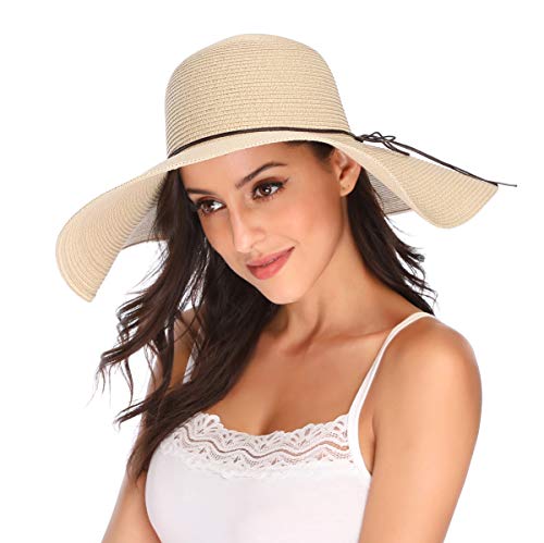 Lanzom Womens 5.5 Inches Wide Brim Straw Hat Floppy Foldable Roll up Cap Beach Sun Hat