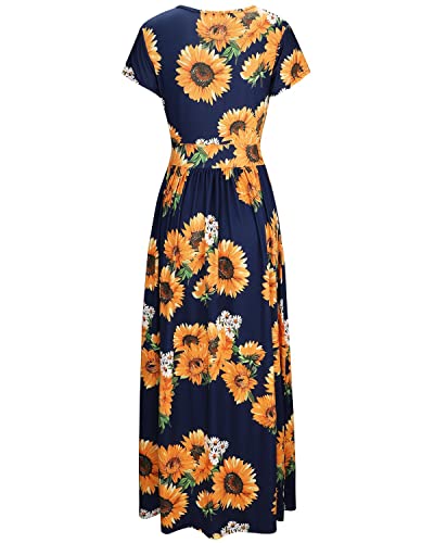 OUGES Women's Summer Casual V Neck Short Sleeve Floral Pattern Wrap Ladies Maxi Long Dress with Pockets