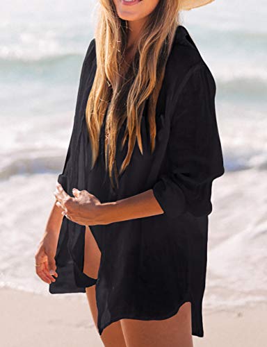 Bsubseach Long Sleeve Beach Shirt Blouses Women Turn Down Collar Bikini Bathing Suit Cover Ups Swimwear Apricot