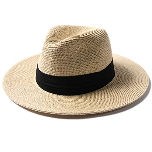 FURTALK Sun Hats for Women Men, Adjustable Summer Panama Fedora Wide Brim Hat UV UPF 50+,Foldable Packable Straw Beach Hat Beige