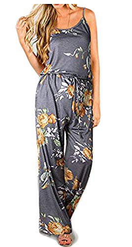 Smile Fish Women Floral Adjustable Spagettic Strap Wide Leg Drawstring Jumpsuits