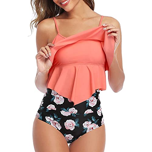 Genfien Swimsuit for Women Two Piece Bathing Suits Ruffled Flounce Top with High Waisted Bottom Bikini Set