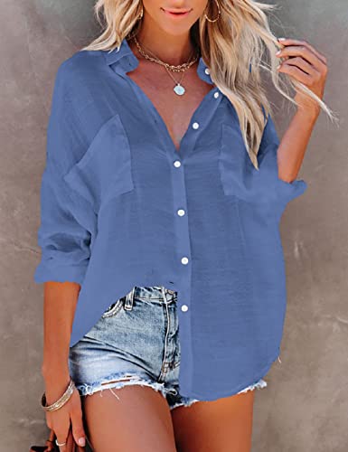 Bsubseach Women Casual Navy Turn Down Collar Bikini Bathing Suit Cover Ups Long Sleeve Beach Cover Up with Pockets
