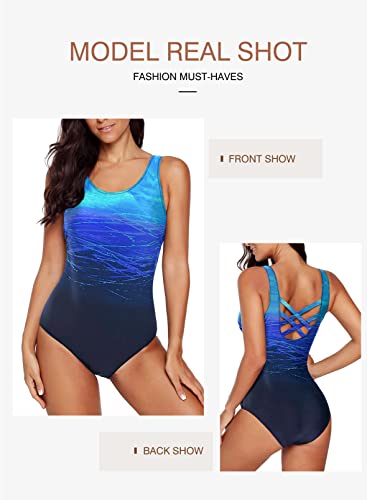 Aleumdr Ladies Gradient Color Block Printed Soft Cup Swimming Suits Sleeveless One Piece Swimming Costume for Women