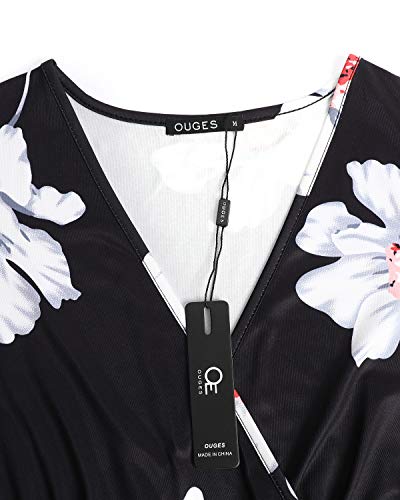 OUGES Women's Summer Casual V Neck Short Sleeve Floral Pattern Wrap Ladies Maxi Long Dress with Pockets
