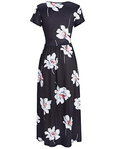 OUGES Women's Summer Casual V Neck Short Sleeve Floral Pattern Wrap Ladies Maxi Long Dress with Pockets
