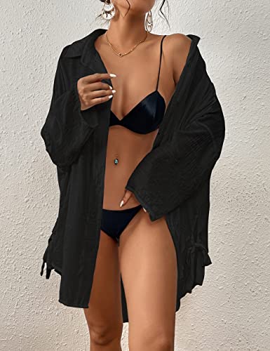 Bsubseach Women Casual Navy Turn Down Collar Bikini Bathing Suit Cover Ups Long Sleeve Beach Cover Up with Pockets