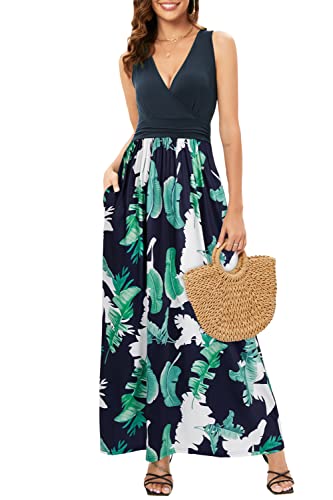 OUGES Women's Summer Casual V Neck Short Sleeve Floral Pattern Wrap Ladies Maxi Long Dress with Pockets