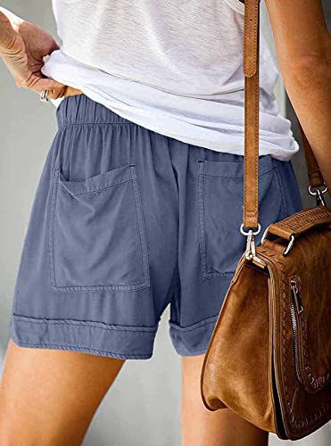 comefohome Womens Drawstring Shorts Summer Cotton Elastic Waist Solid Color Casual Shorts UK with Pockets Blue M
