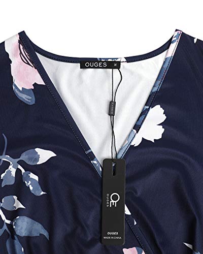 OUGES Women's Summer Casual V Neck Short Sleeve Floral Pattern Wrap Ladies Maxi Long Dress with Pockets