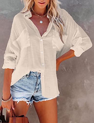 Bsubseach Women Casual Navy Turn Down Collar Bikini Bathing Suit Cover Ups Long Sleeve Beach Cover Up with Pockets