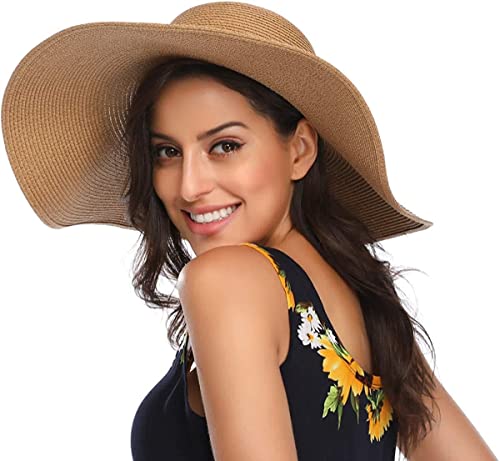 Lanzom Womens 5.5 Inches Wide Brim Straw Hat Floppy Foldable Roll up Cap Beach Sun Hat