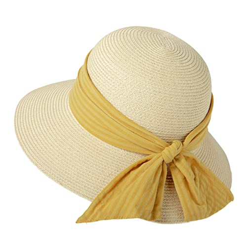 Comhats Sun Hats for Women Foldable UV Protection Large Wide Brimmed Floppy Panama Style Straw Beach Hat Fashionable Fedora Adjustable Beige