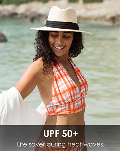 FURTALK Sun Hats for Women Men, Adjustable Summer Panama Fedora Wide Brim Hat UV UPF 50+,Foldable Packable Straw Beach Hat Beige
