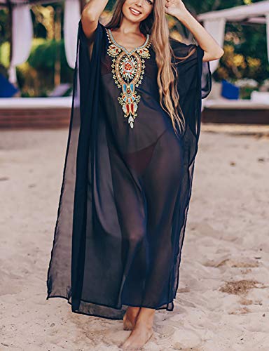 Bsubseach Chiffon Print Shirt Dress Beach Cover Up Loose Turn Down Collar Long Sleeve Bikini Kaftan Cover Ups for Swimwear Women