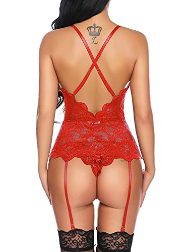 Aranmei Women Sexy Garter Lingerie Set Lace Teddy Bodysuit Deep V Neck Crisscross Back Strap Underwear with Panty
