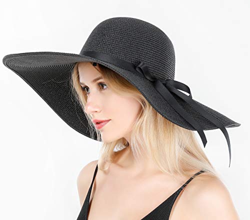 Lanzom Womens 5.5 Inches Wide Brim Straw Hat Floppy Foldable Roll up Cap Beach Sun Hat
