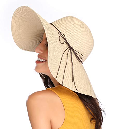 Lanzom Womens 5.5 Inches Wide Brim Straw Hat Floppy Foldable Roll up Cap Beach Sun Hat