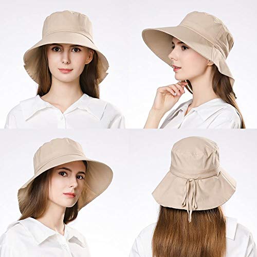 Comhats Ladies Sun Hat Foldable UPF 50 Wide Brim with Neck Protection Summer Spring UV Cotton Safari Gardening Walking Hat with Chin Strap Beige Small