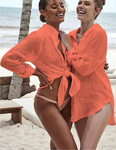 Bsubseach Long Sleeve Beach Shirt Blouses Women Turn Down Collar Bikini Bathing Suit Cover Ups Swimwear Apricot