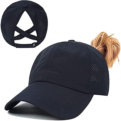 Womens Criss Cross Ponytail Baseball Cap,High Messy Bun Ponycap Quick Drying Mesh Outdoor Sports Hat with Ponytail Hole Adjustable Travel Summer Hat