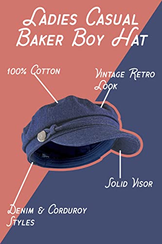 Sock Snob Ladies Cotton Casual Peaked Denim or Corduroy Baker Boy Hat Fiddler Cap with Rope