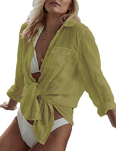 Bsubseach Long Sleeve Beach Shirt Blouses Women Turn Down Collar Bikini Bathing Suit Cover Ups Swimwear Apricot